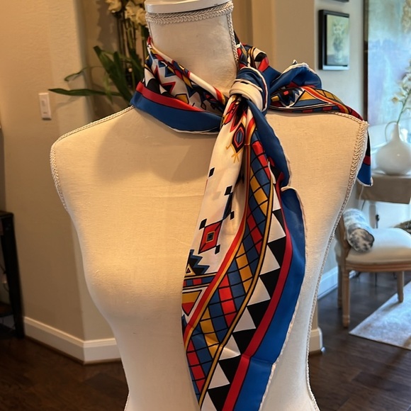 Tribal Print Multicolor Geometric Silk Square Scarf Vibrant Abstract Bold - Picture 4 of 11